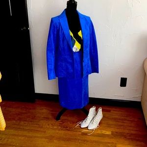 Blue suede dress skirt jacket combo